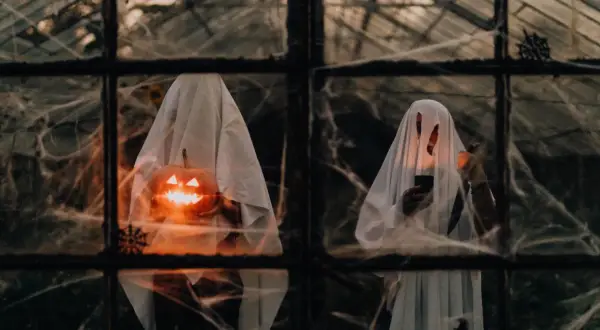 Zwei Geister mit Kürbissen und Kerzen, die durch ein Spinnennetz-verhangenes Fenster blicken. Ein Blick in die Ursprünge von Halloween.