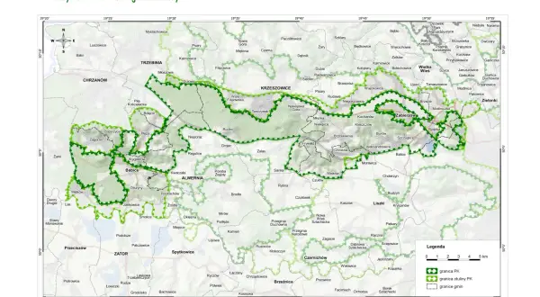 Mapa Tenczyńskiego Parku Krajobrazowego z zaznaczonymi szlakami pieszymi i granicami.