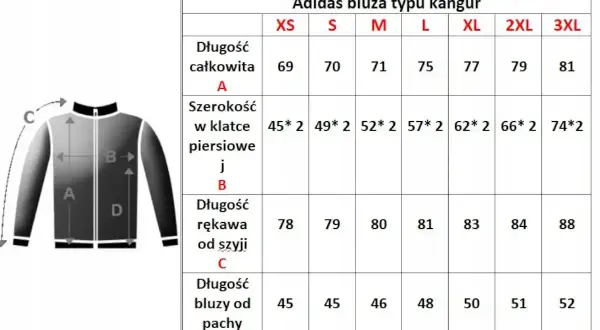 Tabela rozmiarów bluzy Adidas kangur. Długość bluzy od pachy dla rozmiaru 52 męski wynosi 52 cm.