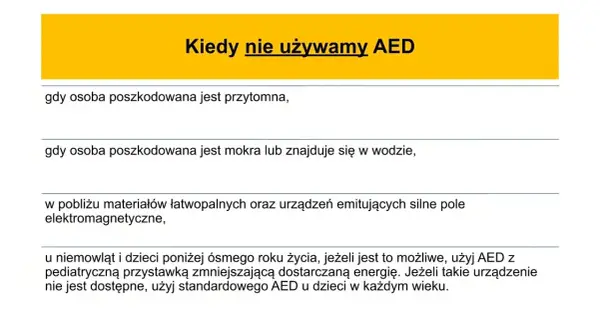 Tekst na żółtym tle: Kiedy nie używamy AED. Poniżej lista przeciwwskazań.