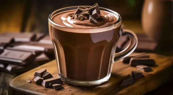 Ein Glas cremiger cioccolata calda, garniert mit Schokoladenstückchen, auf einem Holzbrett mit Kakaopulver und Schokoladenriegeln.
