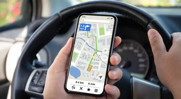 Ręce kierowcy trzymają telefon z nawigacją, co jest niebezpiecznym korzystaniem z telefonu podczas jazdy rowerem.