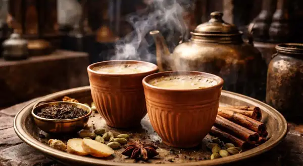 Två ångande koppar med chai te, kryddor som kanel, kardemumma, stjärnanis och ingefära, samt teblad. Ett perfekt chai te recept.