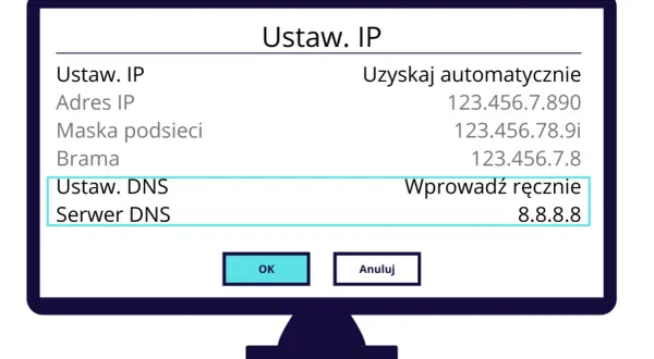 Okno ustawień sieciowych z polami IP, maski, bramy i DNS.