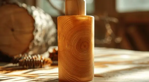 Objet en bois aux anneaux visibles, prêt pour le temps de séchage xylophene avant lasure. Un tronc d'arbre et des pommes de pin en arrière-plan.