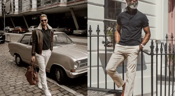 Zwei Männer in lässiger Kleidung. Links ein Mann mit brauner Lederjacke und schwarzem Polohemd, daneben ein Oldtimer. Rechts ein Mann in schwarzem Polohemd und beiger Hose.
