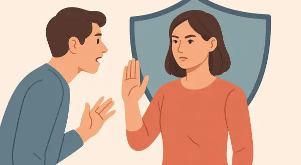 Kobieta z podniesioną dłonią broni się przed mężczyzną, który mówi do niej z gniewem. Tarcza za nią symbolizuje ochronę przed zawistnymi ludźmi.