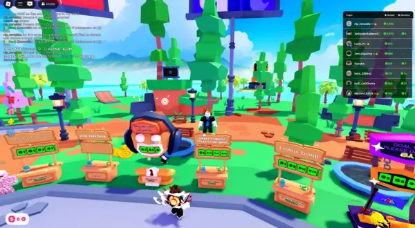 Gra Roblox z kilkoma graczami przy stoiskach z darowiznami w kolorowym, kreskówkowym świecie.