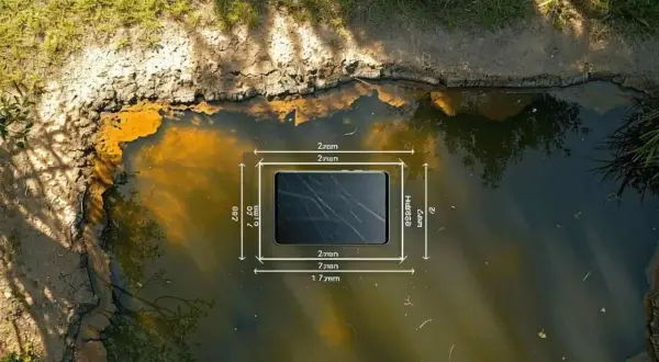 Une mare naturelle argileuse, aux reflets dorés, où une tablette numérique semble flotter, mesurée avec précision.