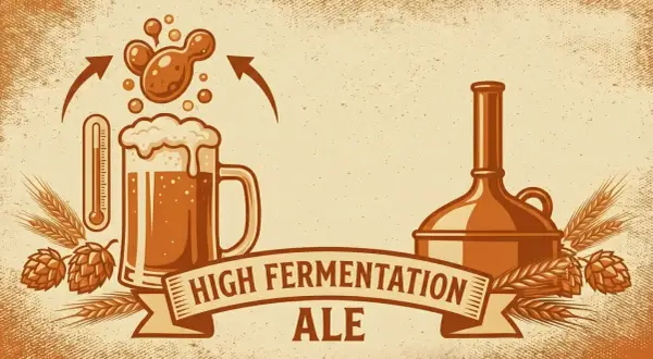 Lievito in azione per la fermentazione alta di una ale. Termometro, luppolo, orzo e alambicco completano la scena.