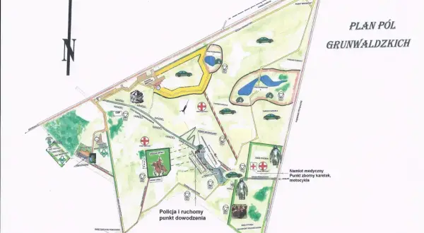 Plan Pól Grunwaldzkich z zaznaczonymi atrakcjami: parkingi, punkty widokowe, obozy rycerskie, miejsca bitwy, punkty medyczne.
