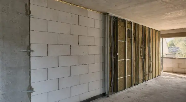 Ściana z bloczków zbrojona metalowym stelażem, w nieogrzewanym domu, czeka na karton gips. Izolacja z wełny mineralnej i instalacja elektryczna widoczne.