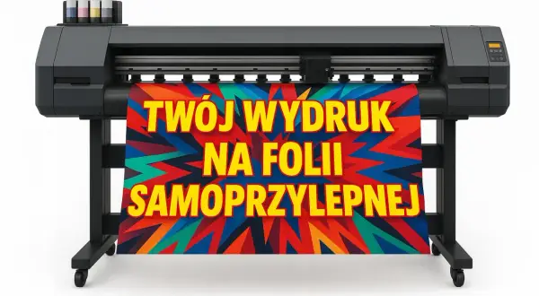 Drukarka wielkoformatowa z kolorowym wydrukiem na folii samoprzylepnej.