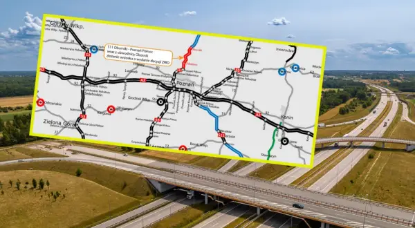 Mapa drogowa z zaznaczonym Poznaniem i trasą S11. Szukając odpowiedzi na pytanie, ile kilometrów jest z Poznania do Kołobrzegu, widzimy drogę S11 wiodącą na północ.