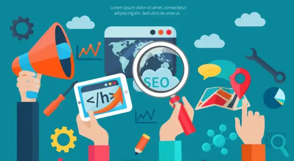 Manos trabajando en SEO: megáfono, tablet con código, lupa sobre mapa mundial y gráfico. Ideas para cómo solucionar los problemas SEO.