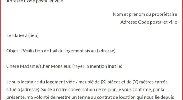 Lettre de préavis logement. Le locataire informe le propriétaire de sa volonté de résilier le bail.