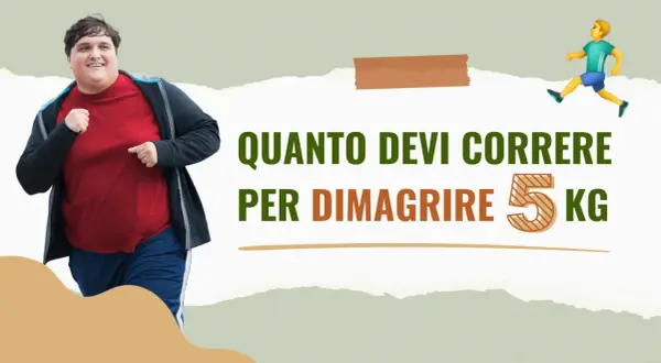 Un uomo in sovrappeso corre sorridendo, mentre un'icona stilizzata di un corridore si libra in aria. Il testo recita: "Quanto correre per dimagrire 5 kg".