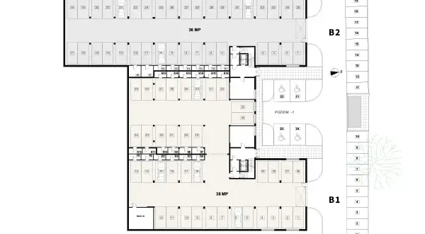 Plan parkingu z numerowanymi miejscami, w tym dla niepełnosprawnych. Nowe wymiary miejsc parkingowych zapewniają komfort.