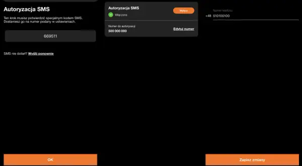 Jak sprawdzić numer Orange? Na ekranie widać kod autoryzacyjny SMS 669511 i numer telefonu do autoryzacji.