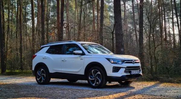 Biały SsangYong Korando zaparkowany na leśnej drodze, otoczony przez wysokie sosny. Światło przebija się przez drzewa, tworząc ciekawe cienie na ziemi.