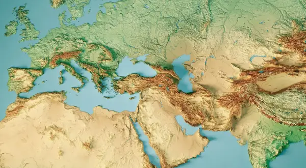 Mappa topografica Europa, Nord Africa e Medio Oriente. Illustra come si trovano le coordinate geografiche, mostrando rilievi e mari.