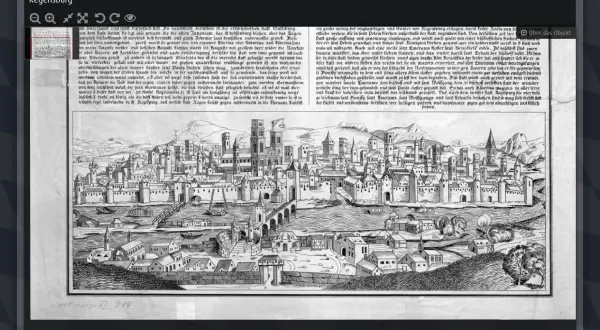 Regensburg in der schedelsche weltchronik: eine detailreiche Stadtansicht mit Fluss, Brücken und vielen Gebäuden, umgeben von Bergen.