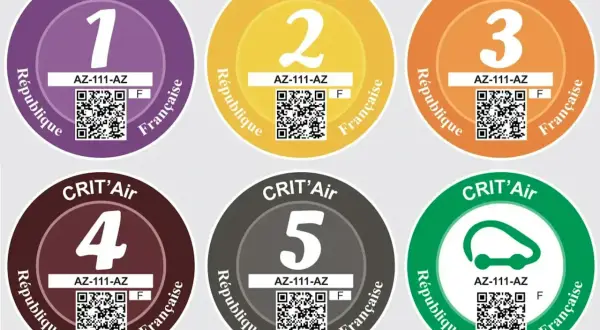 Les vignettes Crit'Air affichent la couleur des classes environnementales : violet (1), jaune (2), orange (3), bordeaux (4) et gris (5).