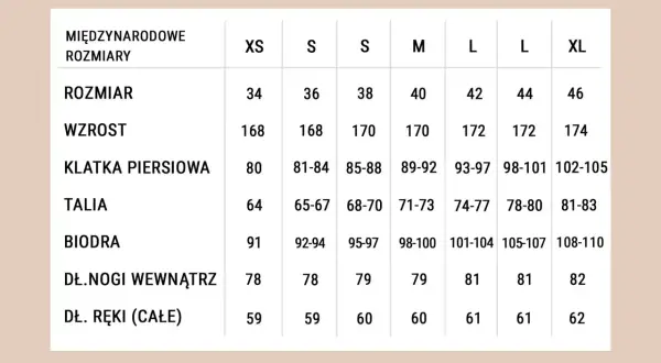 Tabela rozmiarów Graceland w cm: rozmiar, wzrost, klatka piersiowa, talia, biodra, długość nogi i ręki.