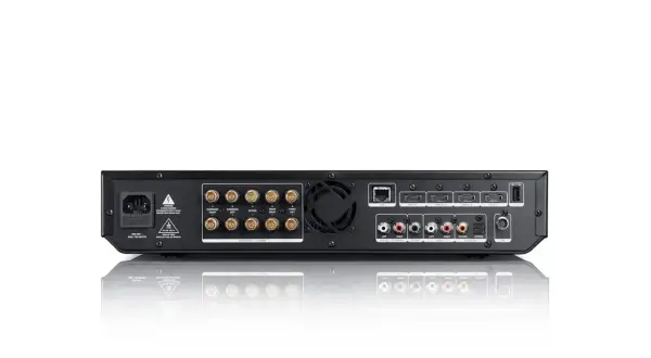 Tył amplitunera z licznymi złączami, w tym HDMI, LAN, coaxial, optical. Dowiedz się, jak podłączyć TV do amplitunera bez HDMI, korzystając z tych portów.