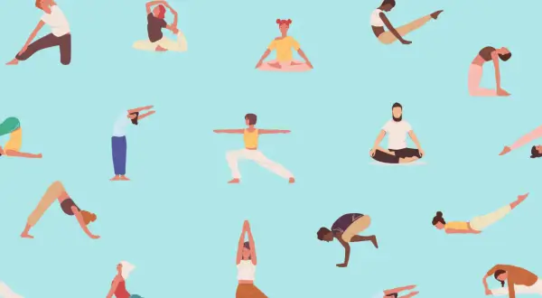 Diverse people practicing various yoga poses, including downward dog and warrior pose, perfect for a pull day stretches routine.