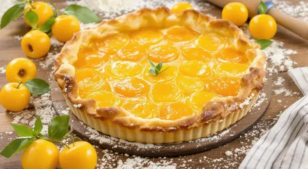 Une délicieuse tarte aux mirabelles, garnie de fruits dorés et d'une pâte croustillante, prête à être dégustée.