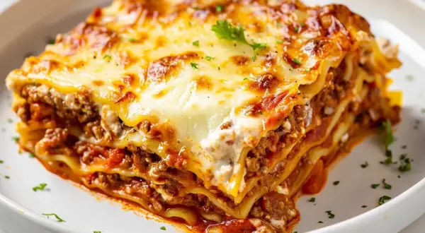 En saftig bit lasagne med lager av köttfärssås, béchamelsås och pasta, toppad med smält ost. Perfekt för ett gott lasagne recept.