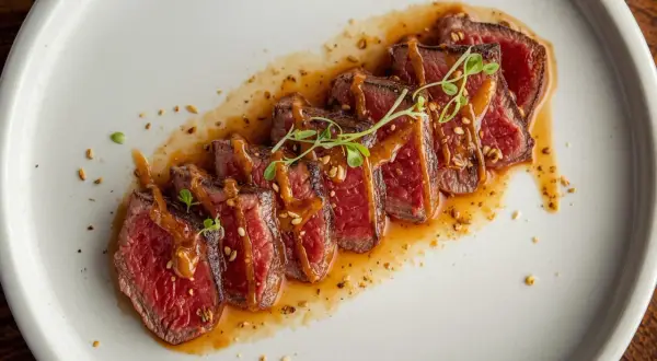 Tataki de ternera jugoso, cortado en finas lonchas y bañado en una salsa dorada con semillas. Un bocado exquisito.