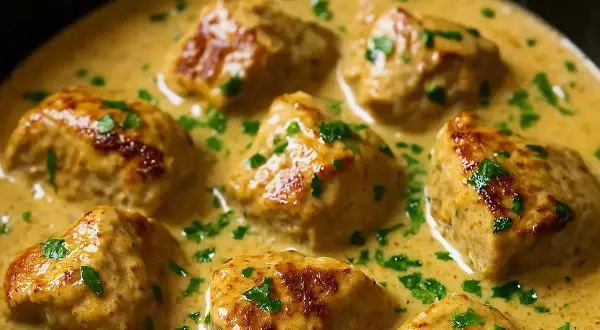 Un savoureux sauté de porc à l'ancienne, mijoté dans une sauce crémeuse et parsemé de persil frais. Un plat réconfortant et plein de saveurs.