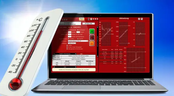 MSI Afterburner zeigt die **MSI Afterburner CPU Temp** auf einem Laptop. Ein Thermometer daneben symbolisiert die Hitze.