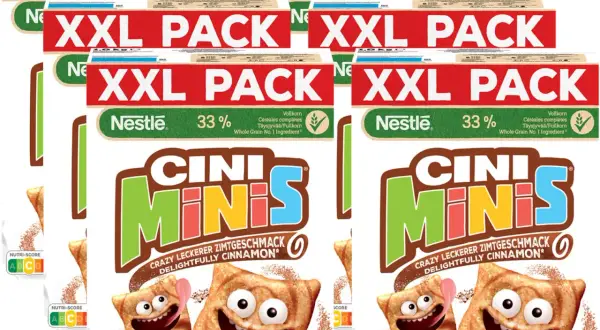 XXL-Packungen Cini Minis Zimtgeschmack. Sind Cini Minis vegan? Die Verpackung gibt Auskunft.