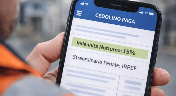Cedolino paga mostra indennità notturno 15% e straordinario feriale IRPEF, utile per la tassazione straordinari.