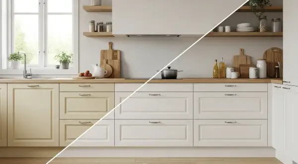 Cocina antes y después de pintar muebles. Gabinetes amarillos transformados a blanco, con rodillos y bandeja de pintura listos.