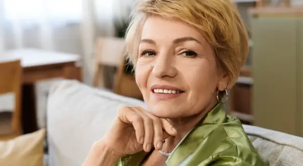Uśmiechnięta Edyta, świętująca imieniny, siedzi na kanapie w eleganckiej, zielonej bluzce.