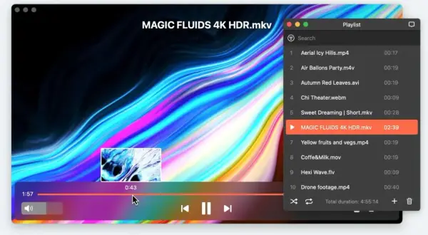 Odtwarzacz wideo z kolorowym, płynnym tłem. Na liście odtwarzania widoczny plik MAGIC FLUIDS 4K HDR.mkv, który właśnie się odtwarza.