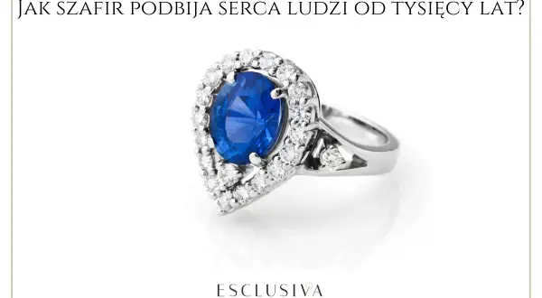 Elegancki pierścionek z dużym, niebieskim szafirem otoczonym brylantami. Szafir znaczenie ma od wieków, symbolizując mądrość i wierność.