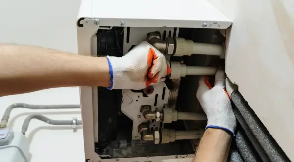 Instalator podłącza rury do nowego pieca gazowego. Pamiętaj, co ile lat wymiana pieca gazowego jest zalecana dla bezpieczeństwa.