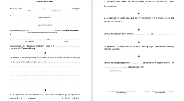 Umowa o świadczenie usług, zawierająca dane stron, zakres prac, wynagrodzenie i postanowienia dotyczące podwykonawstwa.