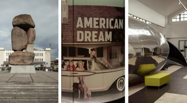 Muzeum w Gdyni: rzeźba, obraz "American Dream" i futurystyczna instalacja.