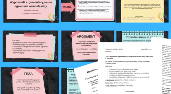 Grafika przedstawia materiały edukacyjne dotyczące wypowiedzi argumentacyjnej na egzaminie ósmoklasisty.