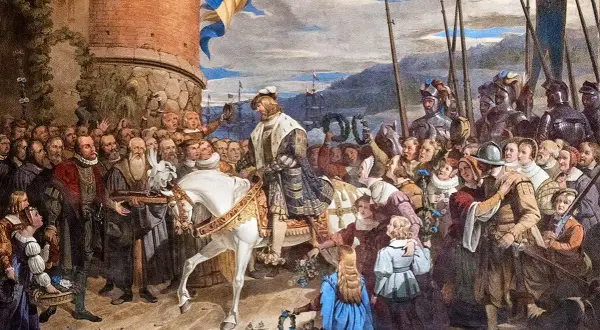 Gustav Vasa på vit häst, omgiven av jublande folk och soldater. En hyllning till Sveriges befriare.