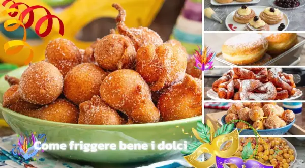 Frittelle dolci dorate e zuccherate, perfette per Carnevale. Diverse varianti di dolci fritti in un collage festoso.