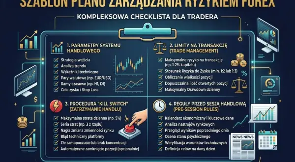 Plan zarządzania ryzykiem na Forex: jak zacząć trading? Checklistę tworzą: parametry systemu, limity transakcji, procedura "kill switch" i reguły przed sesją.