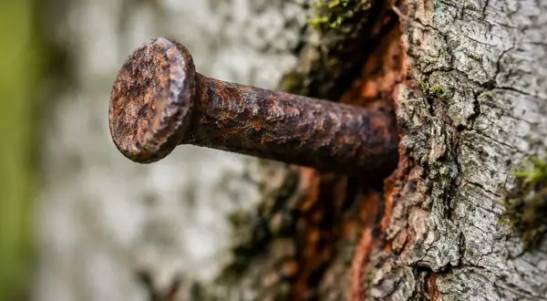 Ein rostiger kupfernagel baum, tief in die Rinde eines alten Baumes geschlagen. Die Zeit hat ihre Spuren hinterlassen.