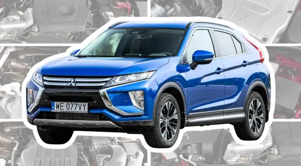 Niebieski Mitsubishi Eclipse Cross z bliska, z widokiem na silnik i detale nadwozia.